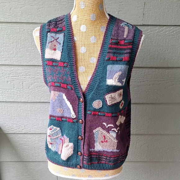 Vintage 90s Hand Embroidered Christopher & Banks Travel Themed Cardi Vest Sz M - Picture 1 of 11